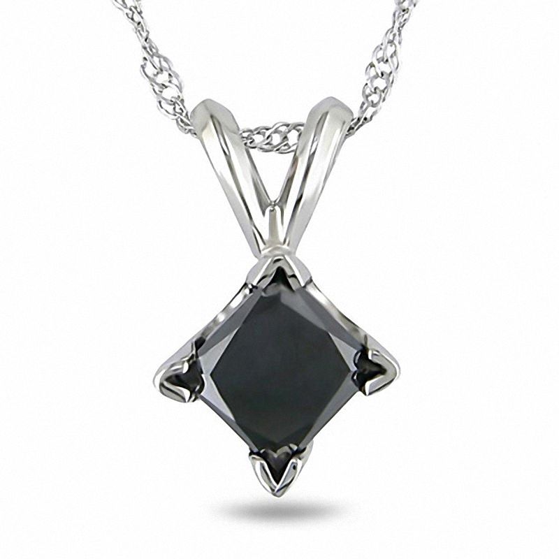 1.00 CT. Black Princess-Cut Diamond Solitaire Pendant in 10K White Gold - 17"
