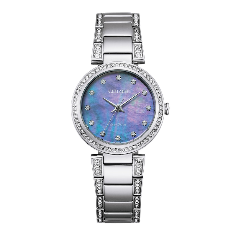 Ladies' Citizen Eco-Drive® Crystal Accent Watch with Blue Mother-of-Pearl Dial (Model: EM0840-59N)