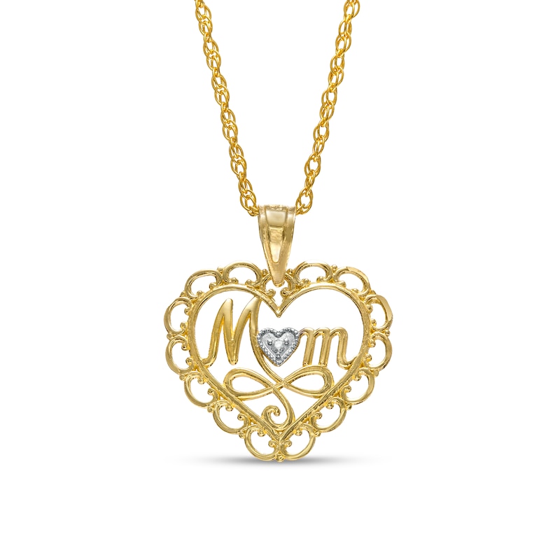 Cursive "Mom" with Beaded Heart Accent and Swirl Ribbon Scallop Frame Heart Pendant in 10K Two-Tone Gold
