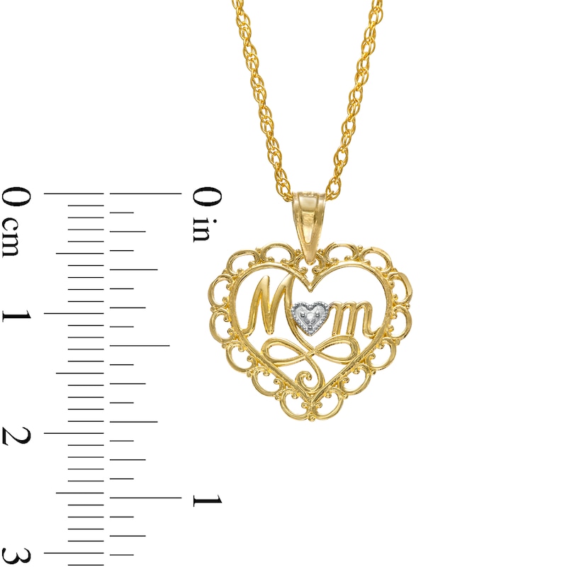Cursive "Mom" with Beaded Heart Accent and Swirl Ribbon Scallop Frame Heart Pendant in 10K Two-Tone Gold