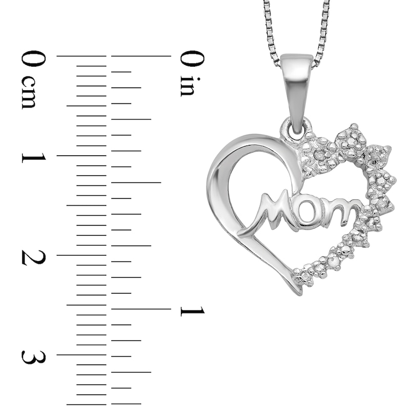 Diamond Accent Beaded Flower Cluster "Mom" Shadow Heart Pendant in Sterling Silver – 16"