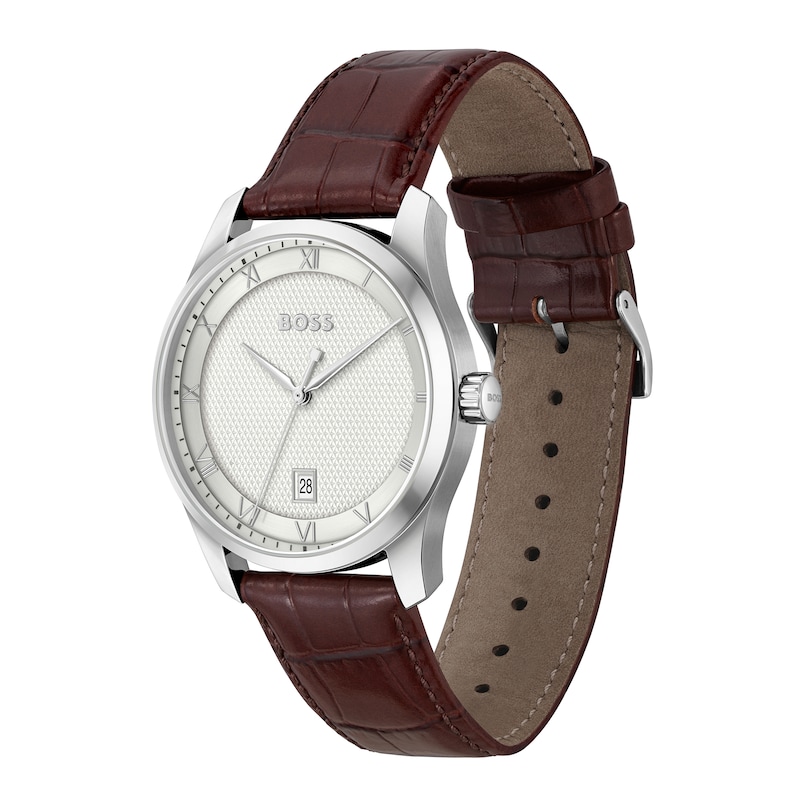 Men's Hugo Boss Principle Brown Leather Strap Watch with Textured Silver-Tone Dial (Model: 1514114)