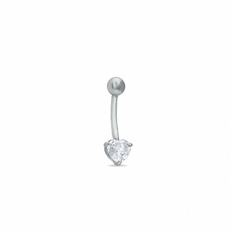 014 Gauge Belly Button Ring with Heart-Shaped Cubic Zirconia in 14K White Gold