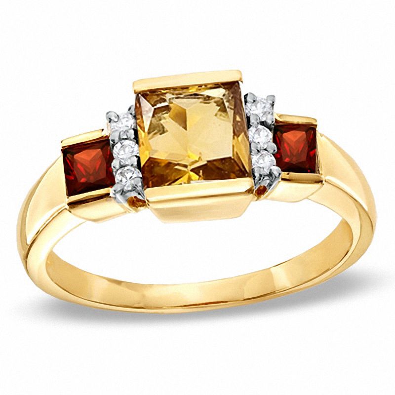 Square Citrine and Garnet Ring in 10K Gold with Diamond Accents