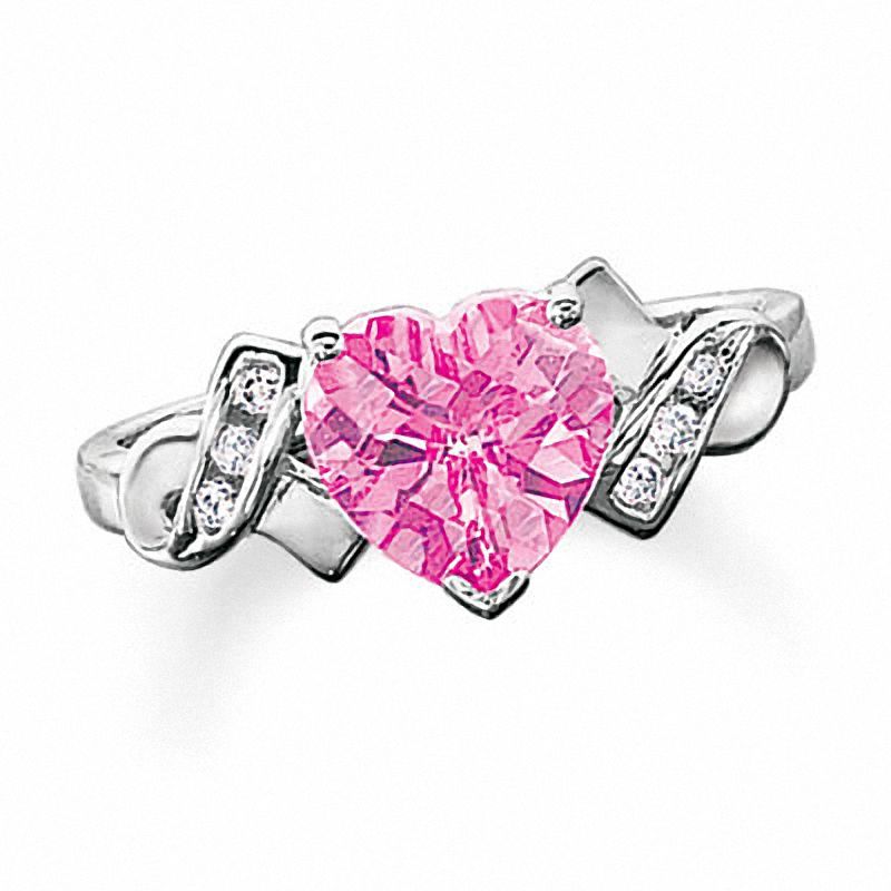 Lab-Created Pink Sapphire Heart Ring in 10K White Gold with Diamond Accents