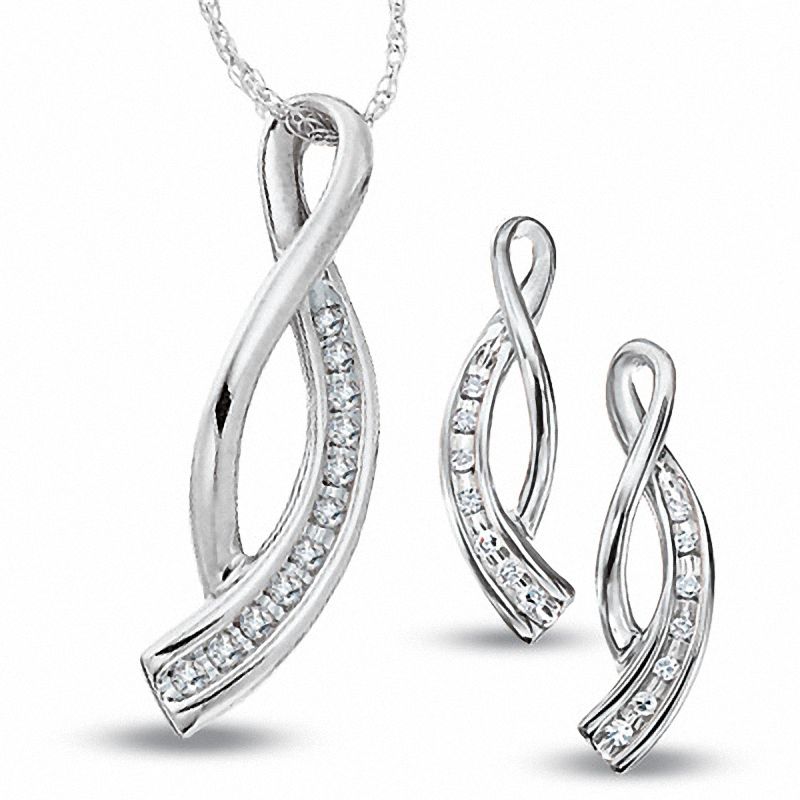 0.10 CT. T.W. Journey Diamond Twist Pendant and Earrings Set in 10K White Gold