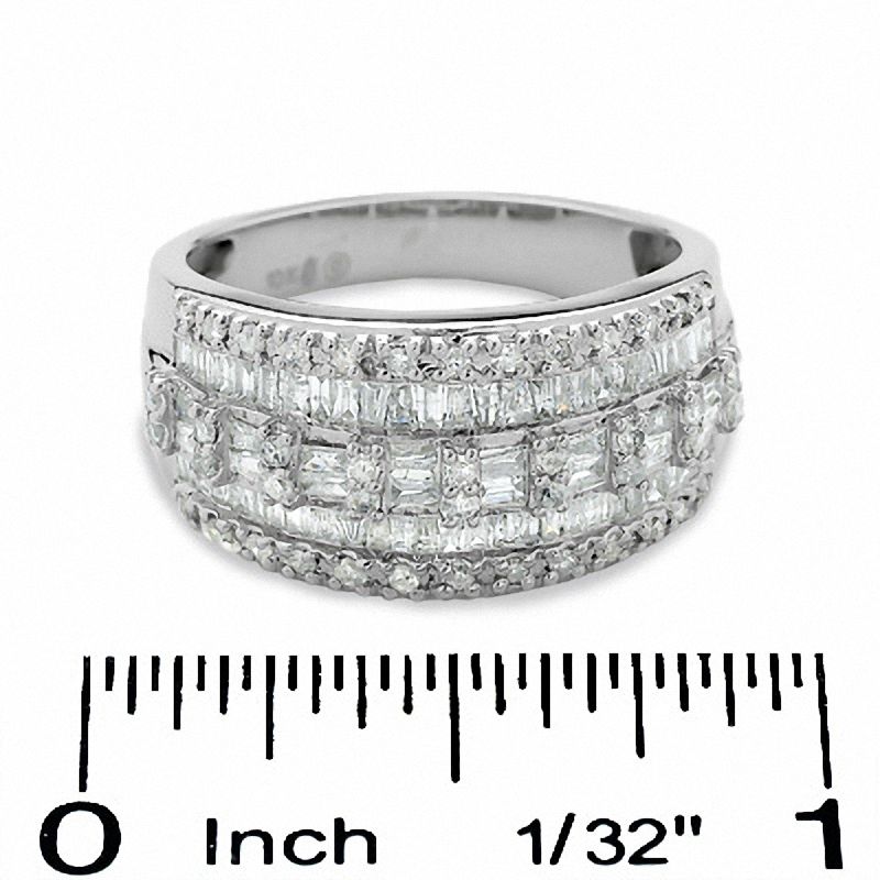 1.00 CT. T.W. Baguette and Round Diamond Three Row Ring in 10K White Gold
