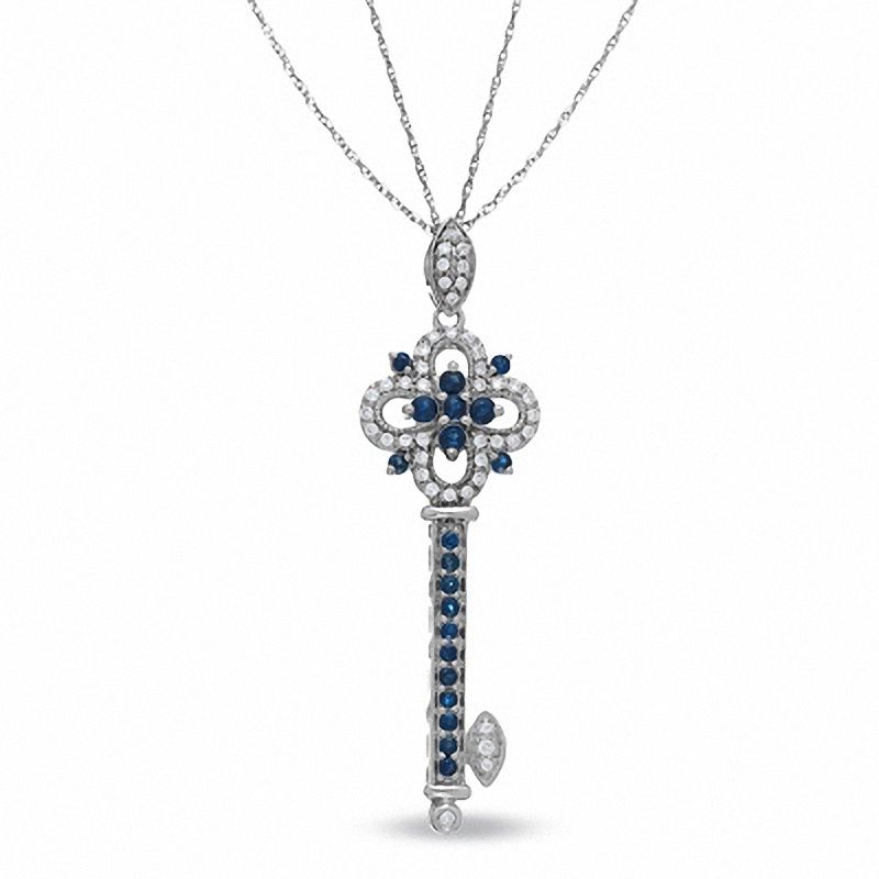 Blue Sapphire and Diamond Key Pendant in Sterling Silver