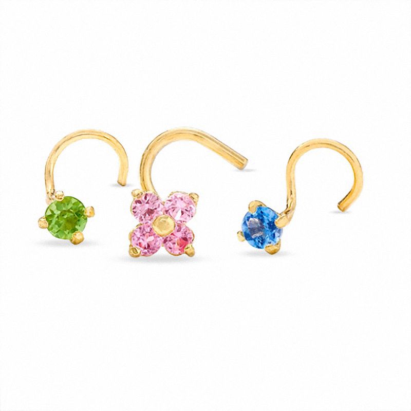 Nose Stud Set in 14K Gold with Blue Topaz, Peridot and Lab-Created Pink Sapphires