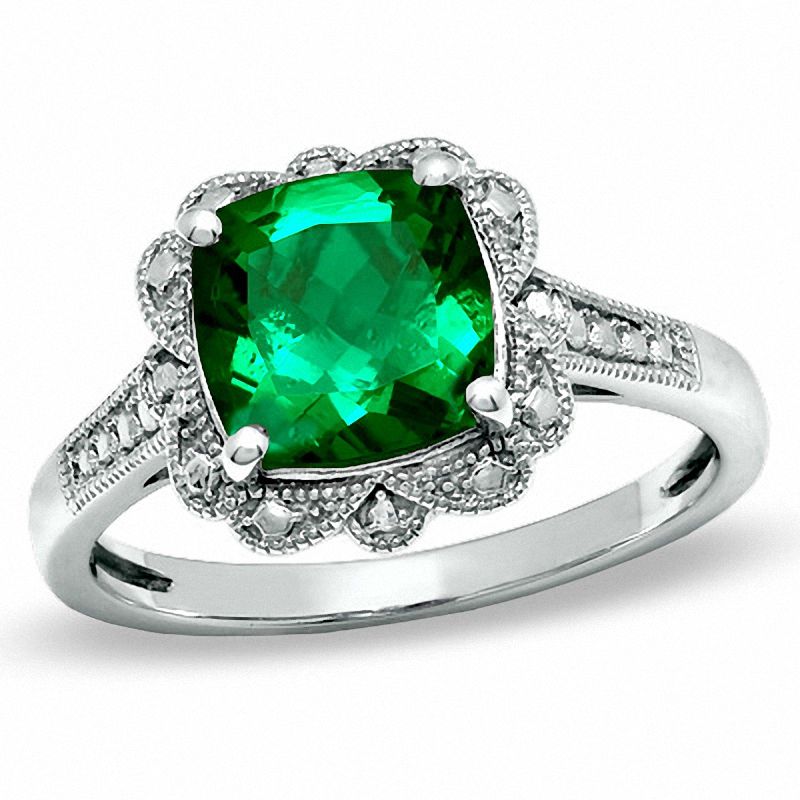8.0mm Cushion-Cut Lab-Created Emerald Vintage-Style Ring in Sterling Silver