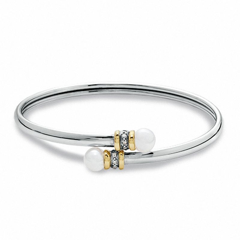 7.0mm Cultured Freshwater Pearl Bypass Bangle in Sterling Silver and 14K Gold with Diamond Accents - 7.5"