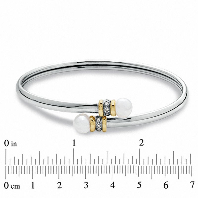 7.0mm Cultured Freshwater Pearl Bypass Bangle in Sterling Silver and 14K Gold with Diamond Accents - 7.5"