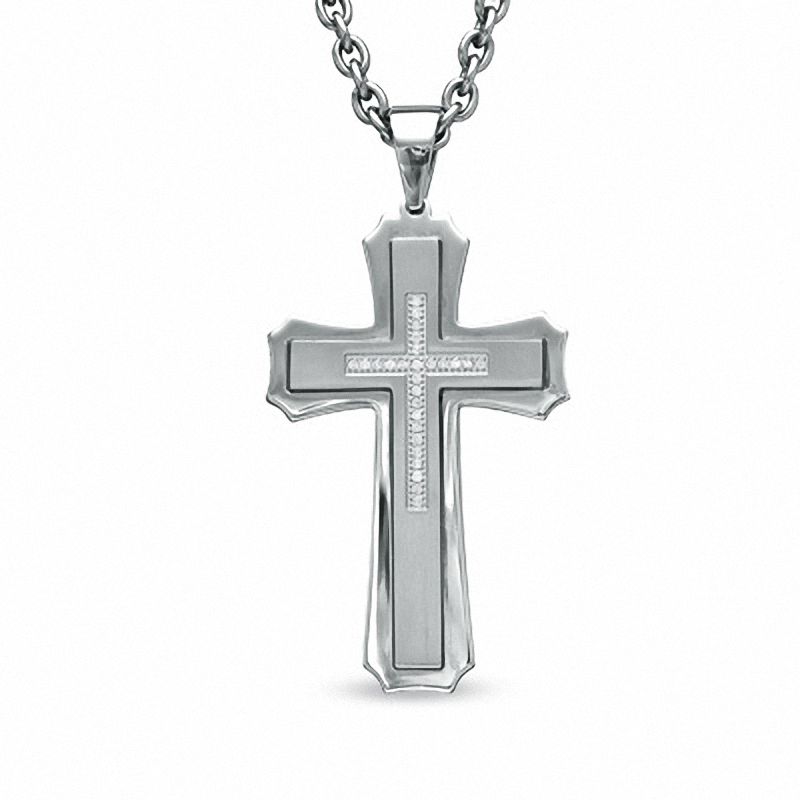 0.24 CT. T.W. Diamond Stacked Cross Pendant in Two-Tone Stainless Steel - 24"