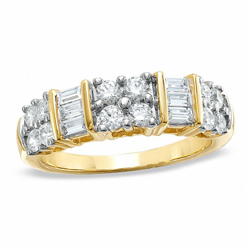 1.00 CT. T.W. Baguette and Round Diamond Station Band in 10K Gold