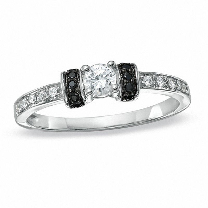 0.25 CT. T.W. Black and White Diamond Station Engagement Ring in 10K White Gold