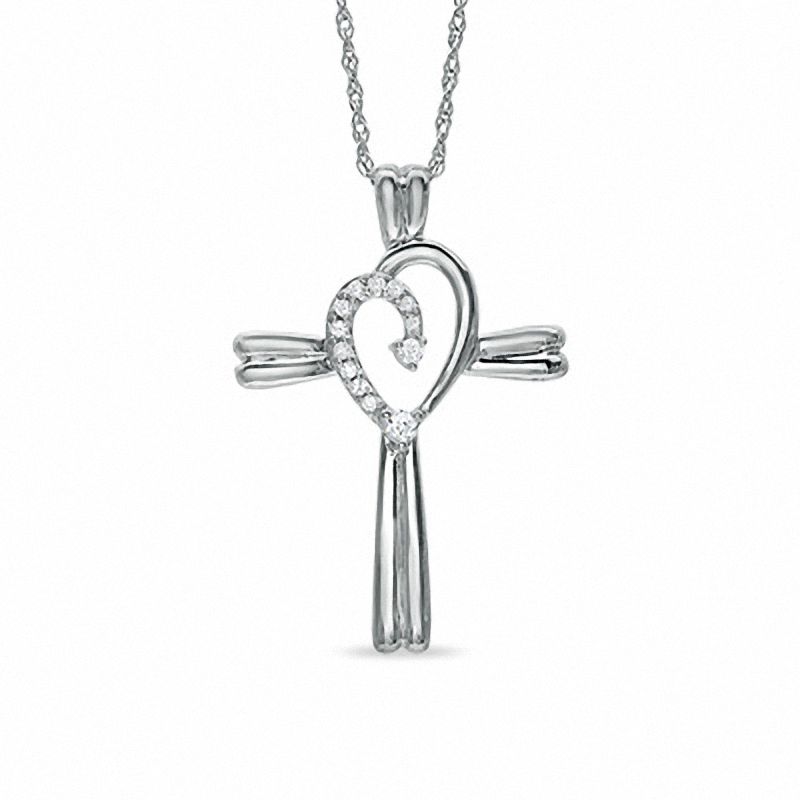 0.10 CT. T.W. Diamond Swirl Heart in Cross Pendant in Sterling Silver