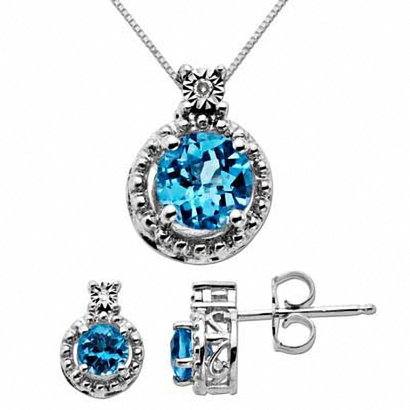 Blue Topaz and Diamond Accent Frame Pendant and Earring Set in Sterling Silver