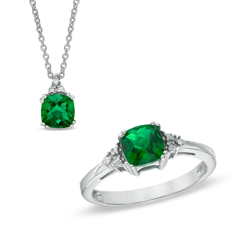 6.0mm Cushion-Cut Lab-Created Emerald and Diamond Accent Pendant and Ring Set in Sterling Silver - Size 7