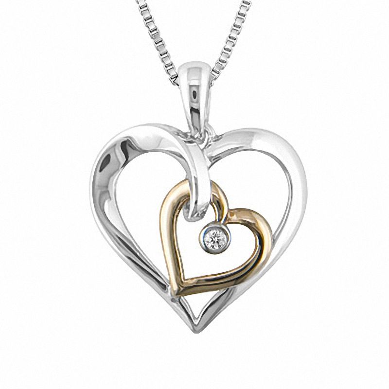 Diamond Accent Double Heart Pendant in Sterling Silver and 10K Gold