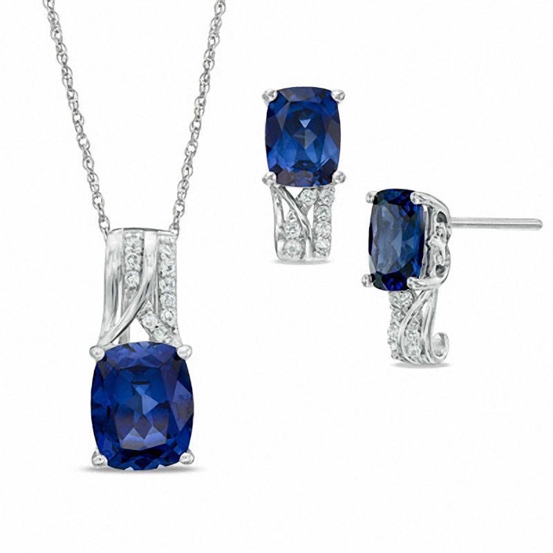 Cushion-Cut Lab-Created Ceylon and White Sapphire Pendant and Earrings Set in Sterling Silver