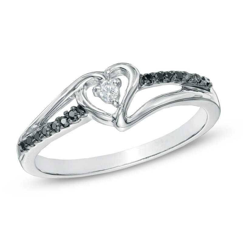 0.10 CT. T.W. Black and White Diamond Heart Split Shank Ring in Sterling Silver
