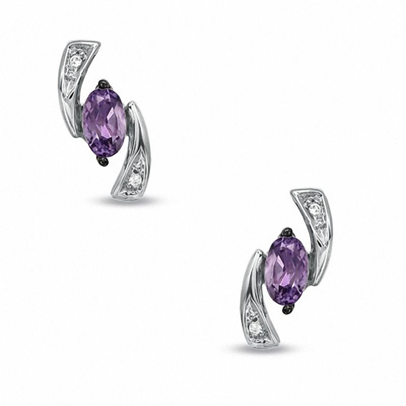 5.0mm Oval Amethyst and Diamond Accent Boomerang Earrings in 10K White Gold