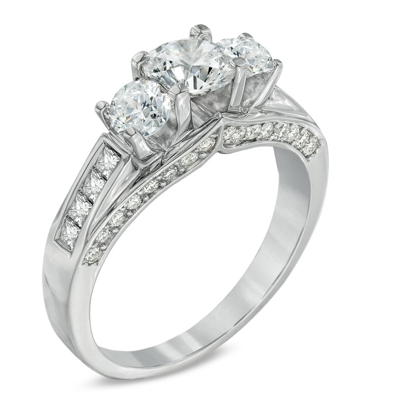 1.50 CT. T.W. Canadian Certified Diamond Three Stone Engagement Ring in 14K White Gold (I/I1)