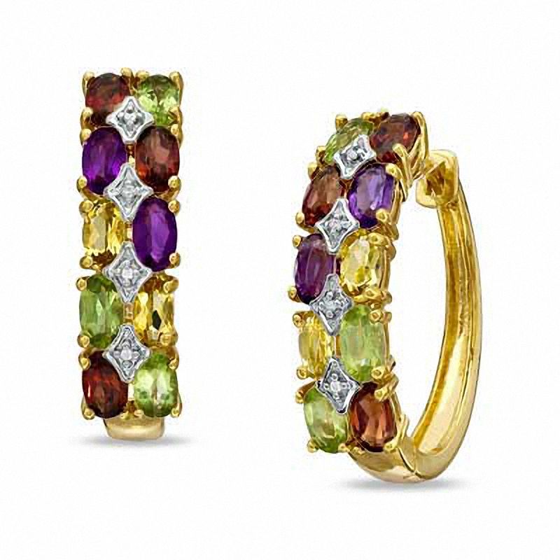 Multi-Gemstone and Diamond Accent Hoop Earrings in Sterling Silver with 18K Gold Plate