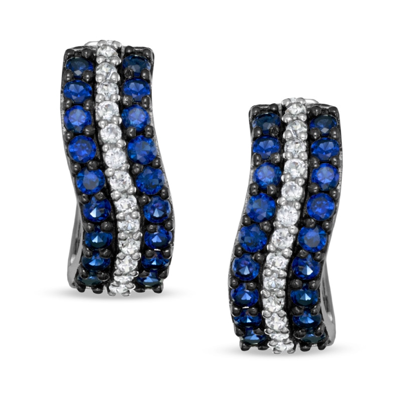 Lab-Created Blue and White Sapphire Wavy Hoop Earrings in Sterling Silver