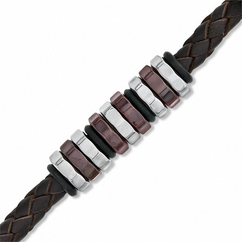 Men's Brown Braided Leather and Two-Tone Stainless Steel Disc Bead Bracelet - 8.75"
