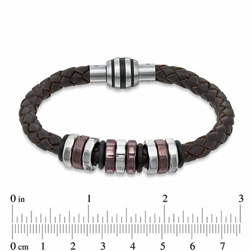Men's Brown Braided Leather and Two-Tone Stainless Steel Disc Bead Bracelet - 8.75"