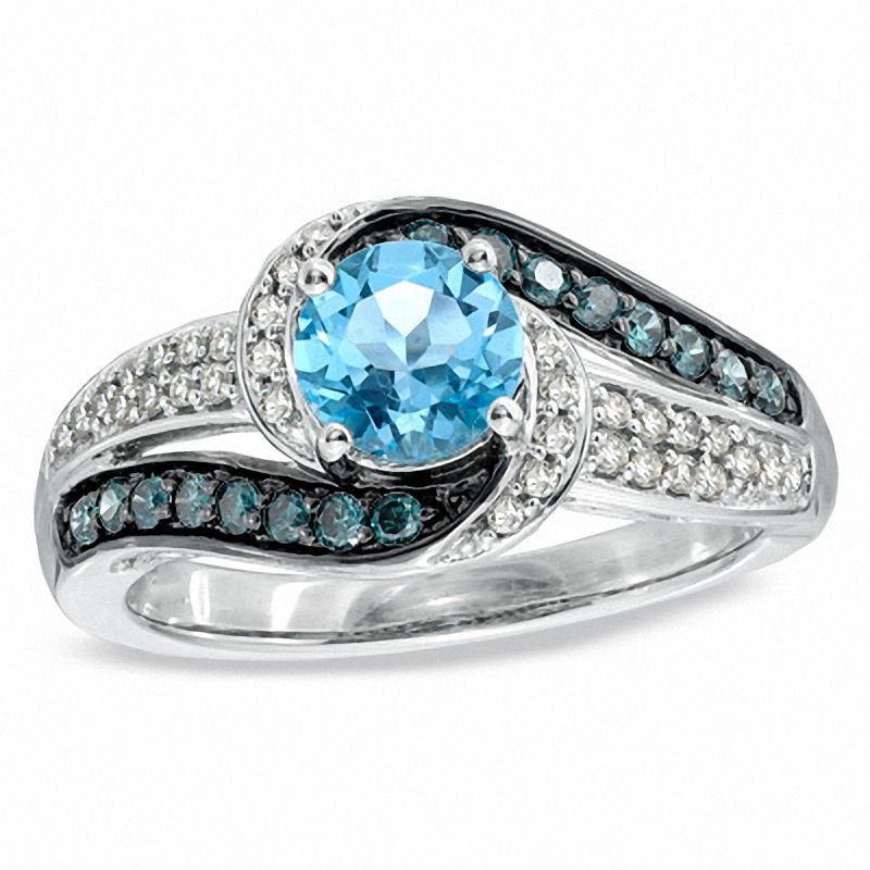 6.0mm Swiss Blue Topaz and 0.37 CT. T.W. Enhanced Blue and White Diamond Ring in 10K White Gold