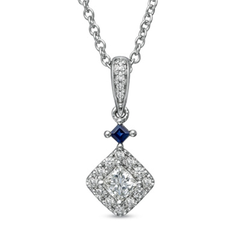 Vera Wang Love Collection 0.38 CT. T.W. Princess-Cut Diamond and Blue Sapphire Pendant in 14K White Gold
