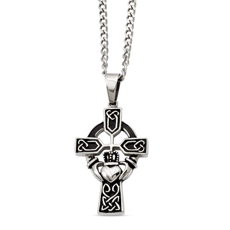Claddagh Cross Pendant in Stainless Steel - 20"