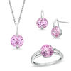 Thumbnail Image 0 of Lab-Created Pink Sapphire Pendant, Ring and Earrings Set in Sterling Silver - Size 7