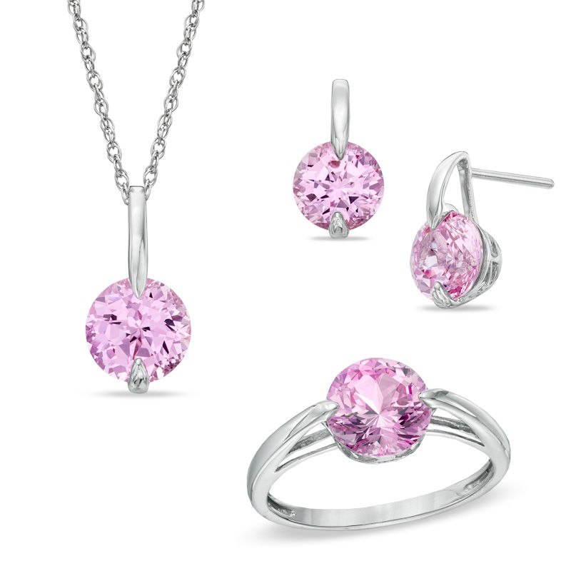 Lab-Created Pink Sapphire Pendant, Ring and Earrings Set in Sterling Silver - Size 7
