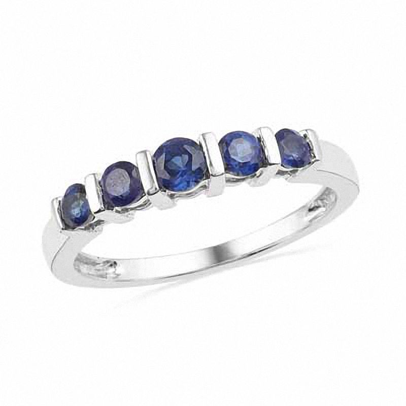Lab-Created Blue Sapphire Five Stone Anniversary Band in 10K White Gold