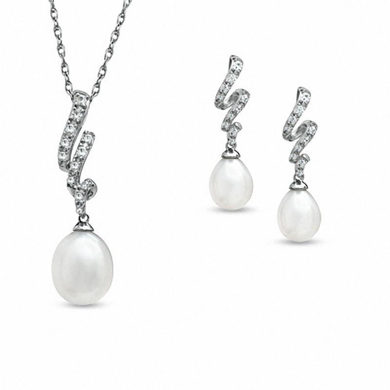 7.0 - 8.5 Cultured Freshwater Pearl and Lab-Created White Sapphire Pendant and Drop Earrings Set in Sterling Silver