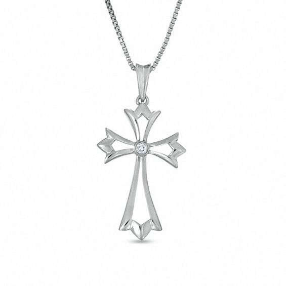 Diamond Accent Solitaire Gothic Style Cross Pendant In Sterling Silver Diamond Accent Solitaire Gothic Style Cross Pendant In Sterling Silver