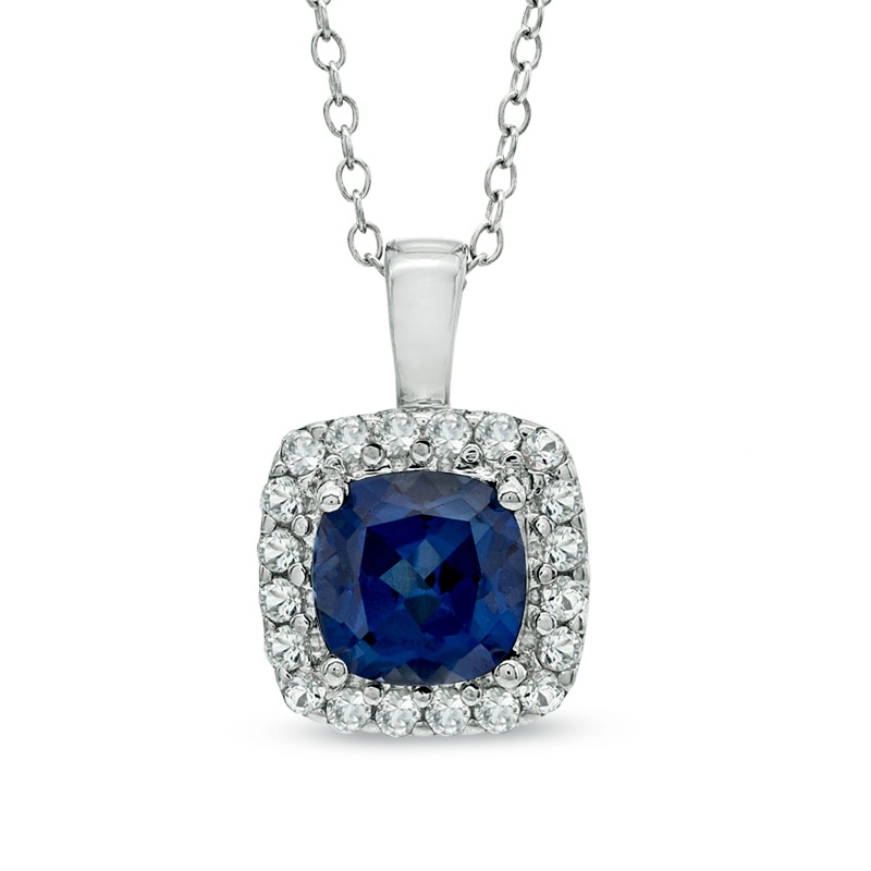7.0mm Cushion-Cut Lab-Created Blue and White Sapphire Pendant in Sterling Silver