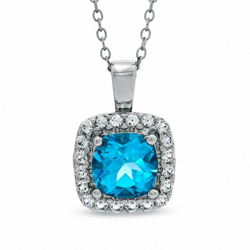 7.0mm Cushion-Cut Swiss Blue Topaz and Lab-Created White Sapphire Pendant in Sterling Silver
