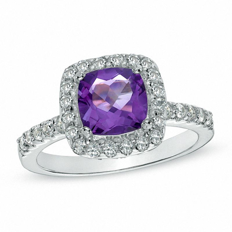 7.0mm Cushion-Cut Amethyst and Lab-Created White Sapphire Ring in Sterling Silver