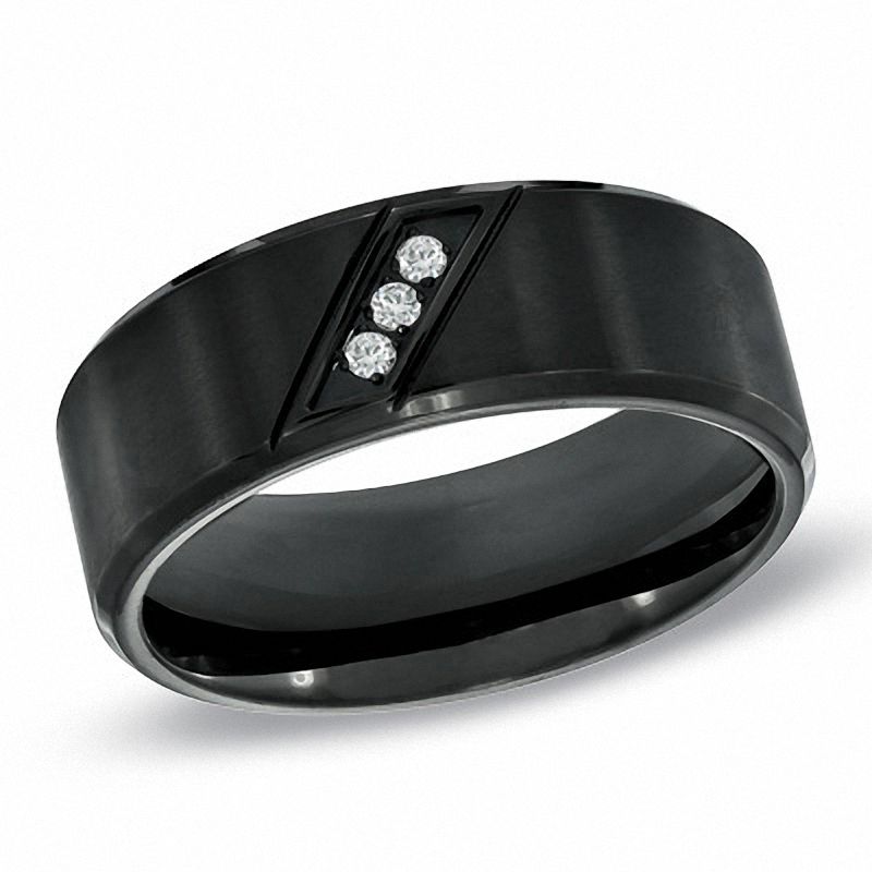 Men's 8.0mm Diamond Accent Comfort Fit Black IP Stainless Steel Wedding Band - Size 10