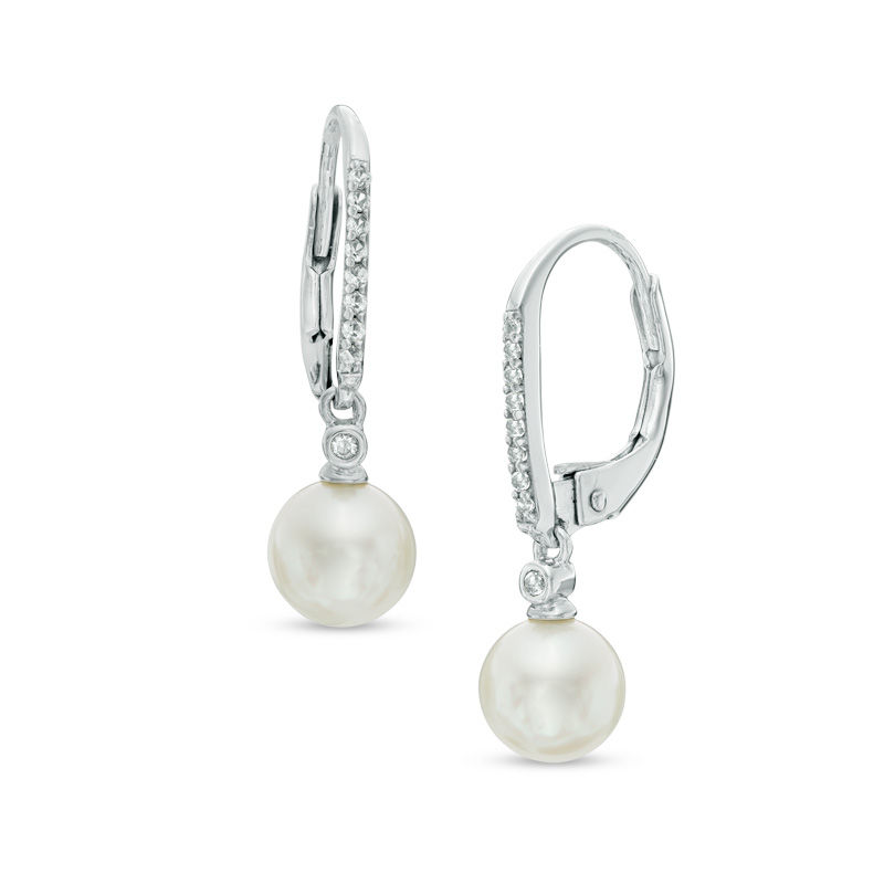 6.5 - 7.0mm Cultured Freshwater Pearl and Lab-Created White Sapphire Drop Earrings in 10K White Gold
