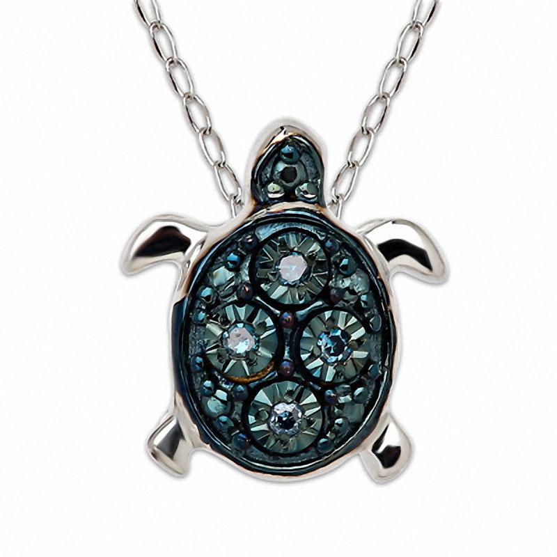 TEENYTINY™ Blue Diamond Accent Turtle Pendant in Sterling Silver - 17"