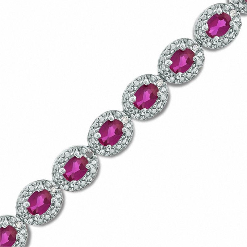 Oval Lab-Created Ruby and 0.075 CT. T.W. Diamond Bracelet in Sterling Silver - 7.5"