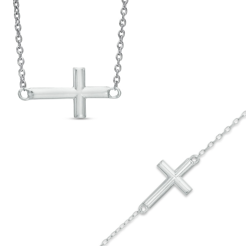 Sideways Cross Necklace and Bracelet Set in Sterling Silver