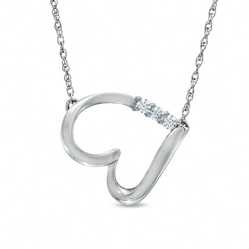 0.13 CT. T.W. Diamond Three Stone Sideways Heart Necklace in Sterling Silver