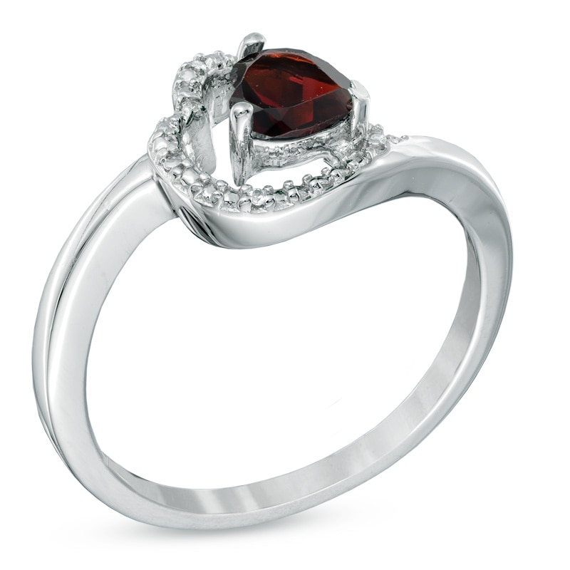 5.0mm Sideways Heart-Shaped Garnet and Diamond Accent Ring in Sterling Silver