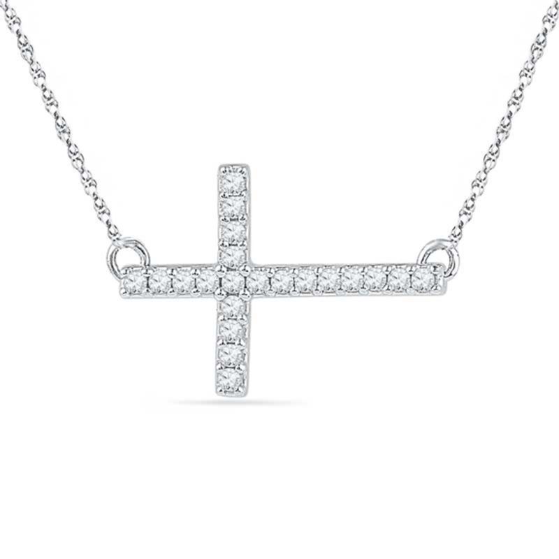 Lab-Created White Sapphire Sideways Cross Necklace in Sterling Silver